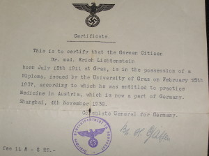 Bestätigung des deutschen Konsulats in Shanghai über da Medizinstudium von Dr. Erich Lichtenstein (1938, Familienarchiv)