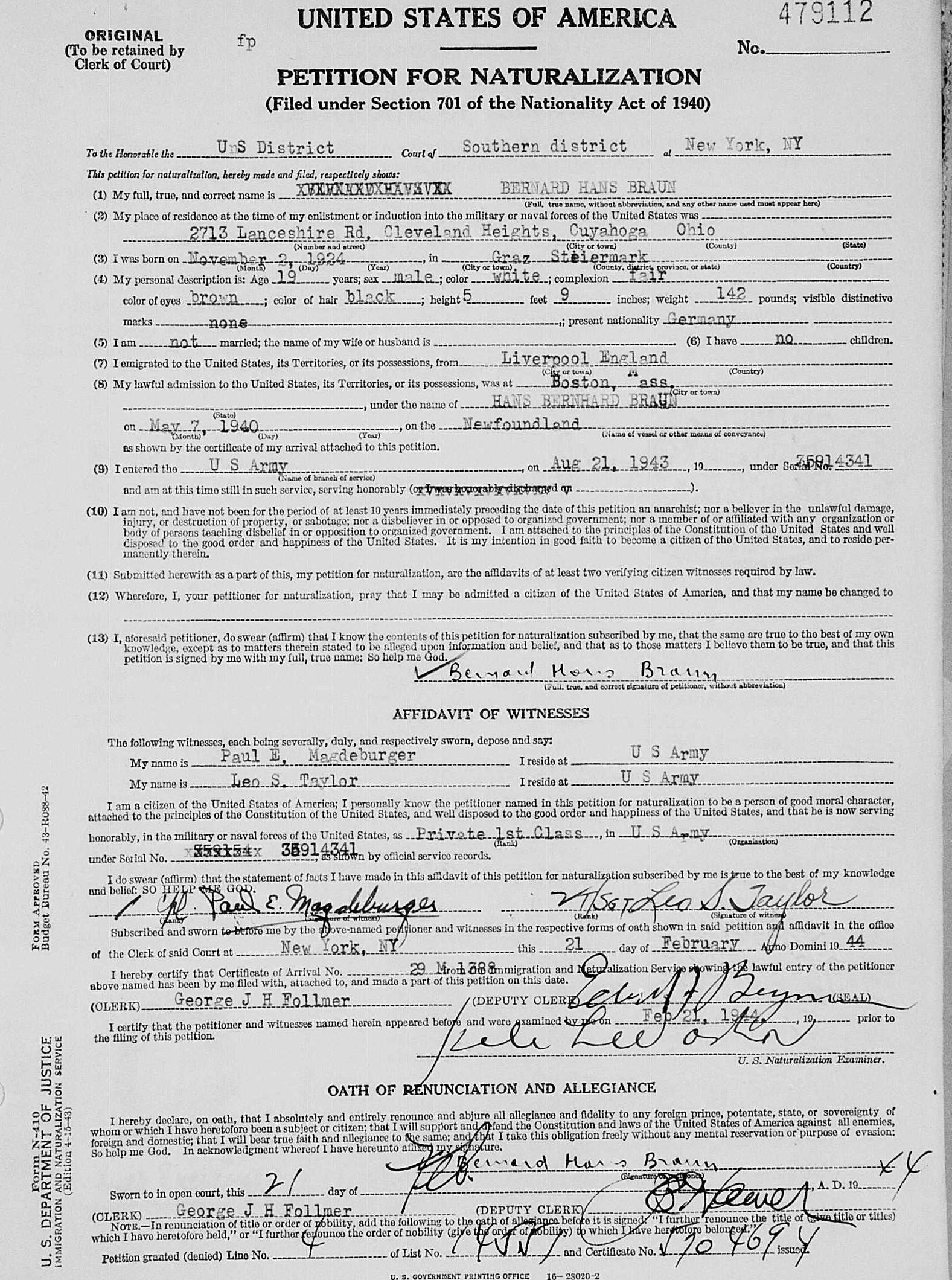 New York, Southern District, U.S District Court Naturalization Records, 1824-1946